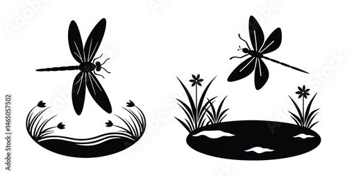 Silhouette of a dragonfly hovering above a pond vector, a dragonfly is flying in a pond.