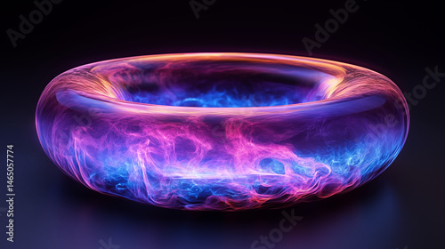 Energy ring with swirling purple and blue glowing plasma against dark background, abstract futuristic physics concept for alternative power