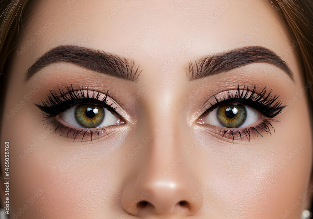 Naklejka premium close-up of stunning green eyes with defined eyebrows and natural makeup