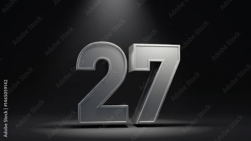 3D silver number '27' with spotlight and smooth gradient — sleek and confident. 3D silver number '27' with spotlight and smooth gradient — sleek and confident.