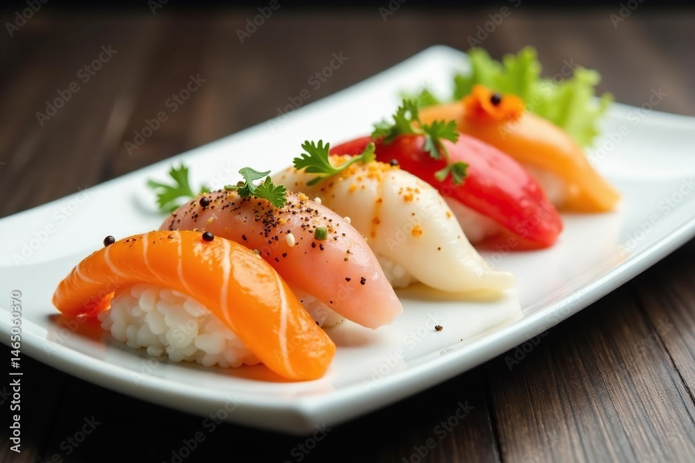 Assorted sushi pieces on white, elegant presentation , oriental, sashimi Assorted sushi pieces on white, elegant presentation , oriental, sashimi