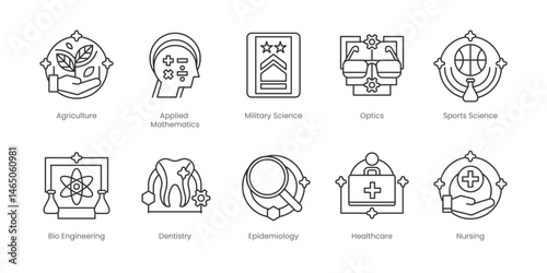 Science  Outline Icons Set – Applied Mathematics, Forensics, Military Science, Bio Engineering, Dentistry, Optics, Sports Science, Epidemiology, Healthcare, Nursing, Editable Stroke.