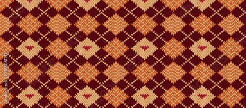  seamless repeating knitted fabric pattern with interlocking diamond motifs in maroon, peach, and coral, textured and symmetrical