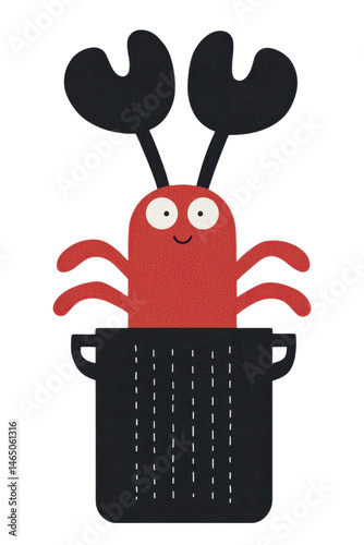 Happy Red Lobster with Large Claws Peeking Out from a Cute Black Trash Can