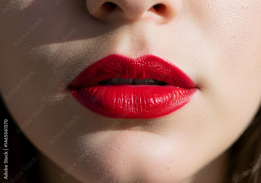 Naklejka premium closeup portrait of seductive red lips showing smooth skin and lip texture
