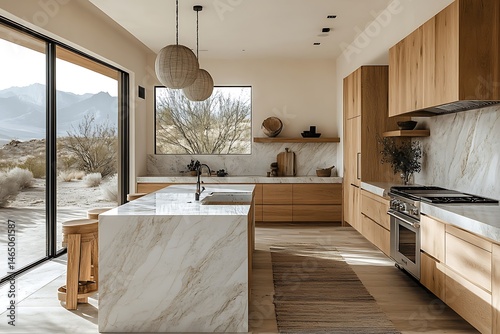 Modern minimalist kitchen interior design with wood cabinets and marble countertops in desert setting