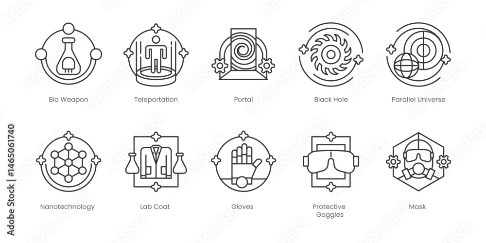 Science Outline Icons Set – Observatory, Black Hole, Parallel Universe, Portal, Teleportation, Gloves, Lab Coat, Nanotechnology, Protective Goggles, Cartography, Editable Stroke. Science Outline Icons Set – Observatory, Black Hole, Parallel Universe, Portal, Teleportation, Gloves, Lab Coat, Nanotechnology, Protective Goggles, Cartography, Editable Stroke.