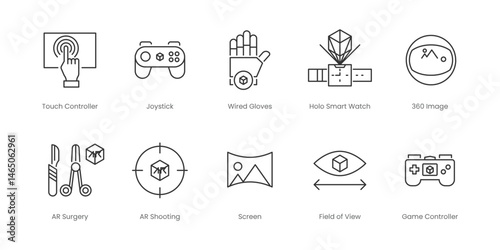 Augmented Reality  Outline Icons Set – Joystick, Touch Controller, Wired Gloves, 360 Image, Ar Shooting, Ar Surgery, Field Of View, Holo Smart Watch, Screen, Ar Controller, Editable Stroke.