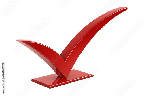 A red check mark stands on a square base against a dark background in a studio shot setting
