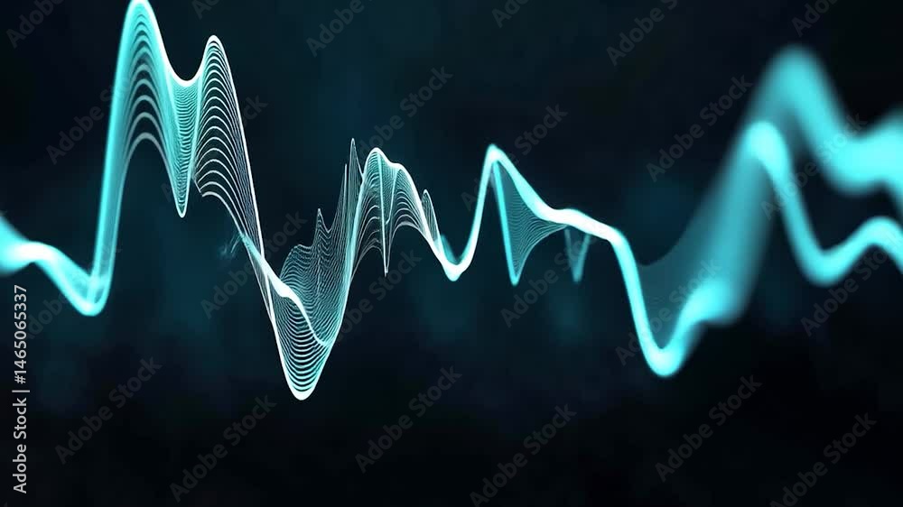 Abstract video of flowing cyan blue particles forming wave patterns on a black background. The particles glow and create a dynamic, energetic visual effect