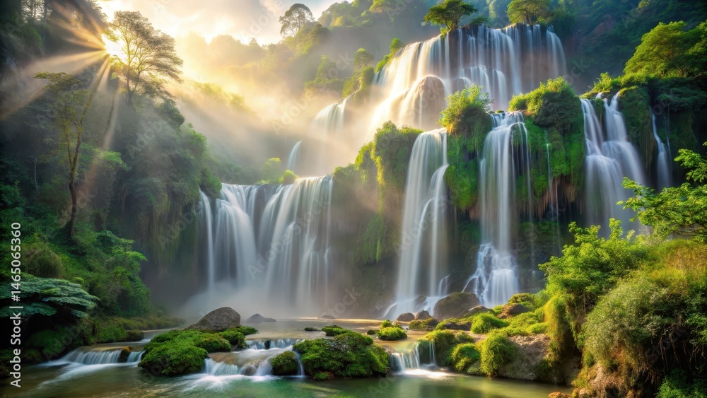 Obraz premium Misty morning at Thi Lo Su waterfall, with lush greenery and sunlit mist, creating a serene atmosphere, serenity, Vietnam