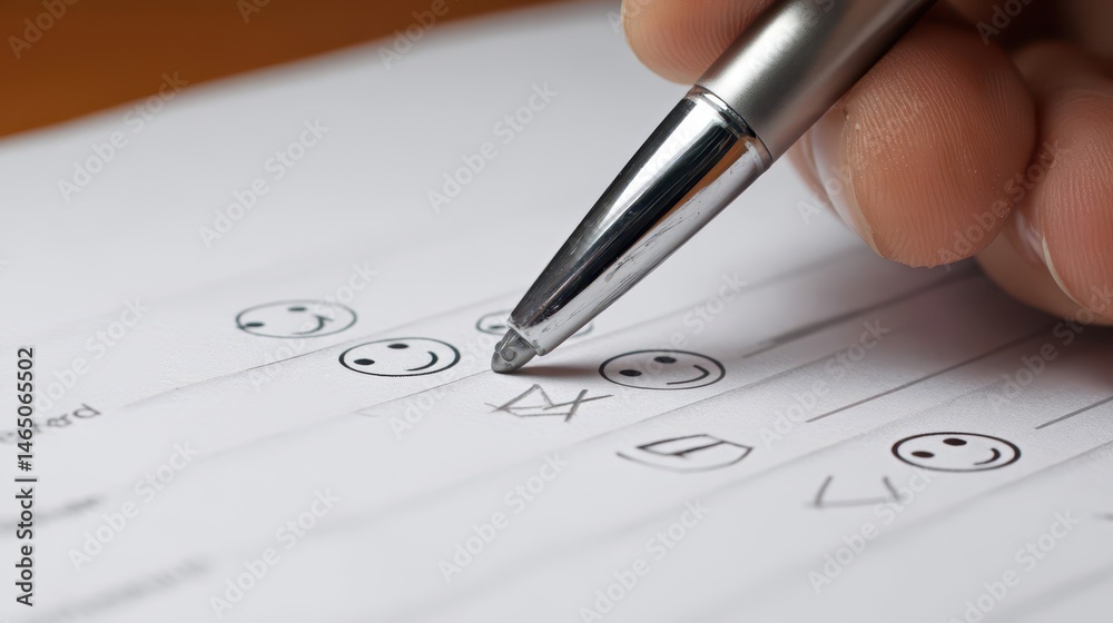 Fototapeta premium Close-up of a hand marking a satisfaction survey.