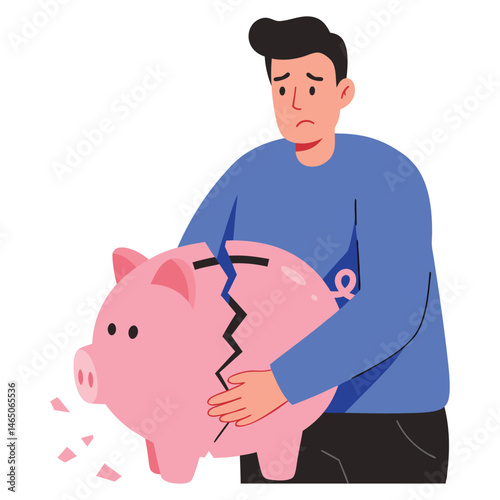 Emotional Man Holding Broken Piggy Bank Representing Financial Stress and Economic Struggles