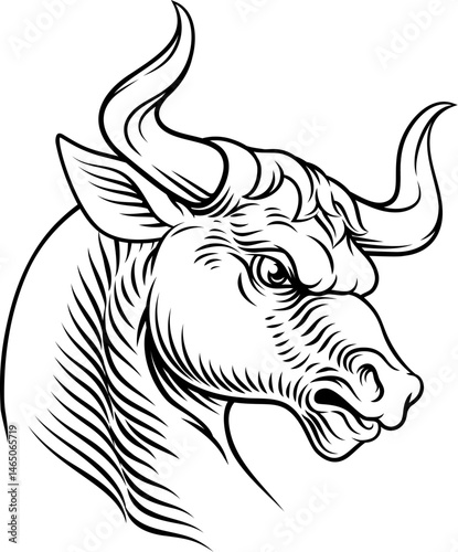 A heraldry coat of arms crest style heraldic bull in a vintage woodcut style