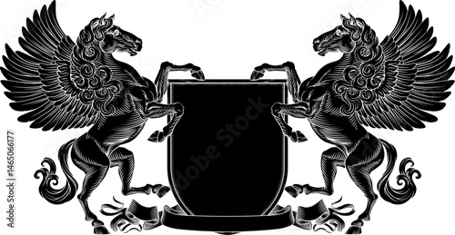 A heraldry crest Pegasus winged horse family coat of arms heraldic shield emblem design in an old medieval vintage style