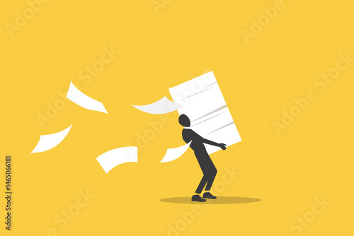 Worker carrying heavy documents  documents paperwork. concept of Workload and aggressive deadline causing exhaustion and burnout, overload or overworked office routine