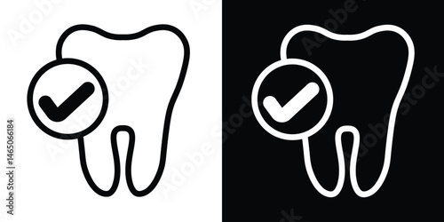 Black and white iconography of a tooth with a check mark, symbolizing dental care, hygiene, or approval. Ideal for dental or medical applications and professional materials.
