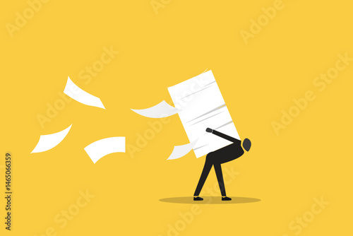 Worker carrying heavy documents  documents paperwork. concept of Workload and aggressive deadline causing exhaustion and burnout, overload or overworked office routine