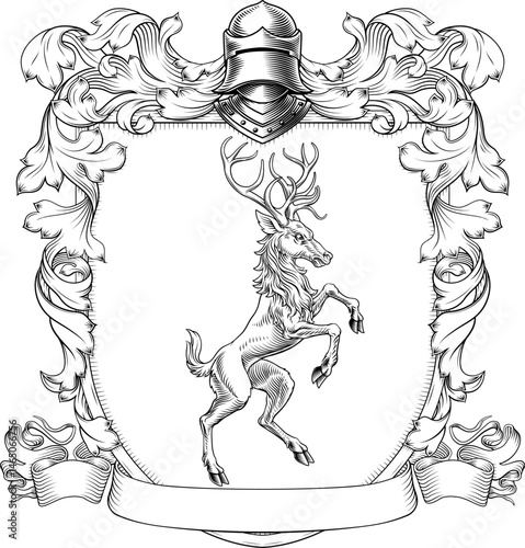 Male deer or stag hart coat of arms or crest family heraldry medieval heraldic knight shield. With helmet and acanthus filigree scroll ornament in a vintage woodcut style.