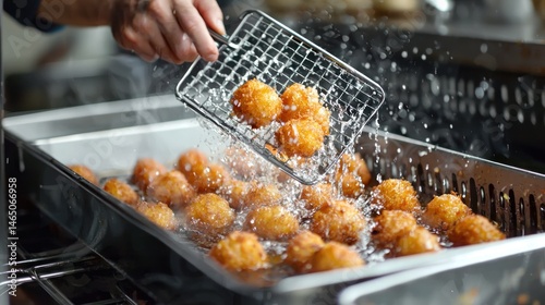 Chef removing food from a deep fryer using a skimmer