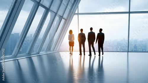 Two business people walking in a spacious office building with large and modern architectural design elements