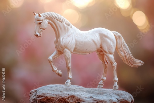 A light beige horse figurine on a rock, graceful pose.