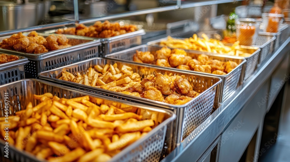 Fototapeta premium Commercial deep fryer in a restaurant kitchen with multiple baskets