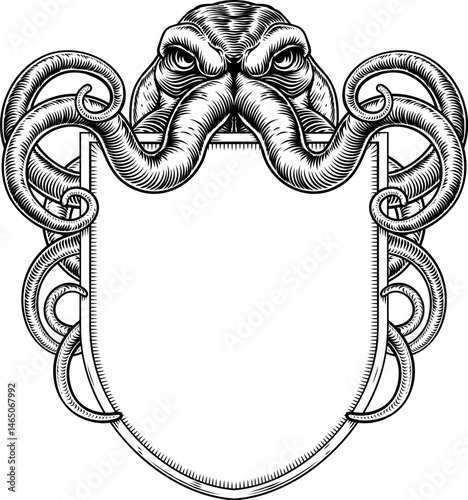 Octopus or Cthulhu monster coat of arms or crest family heraldry medieval heraldic knight shield. In a vintage woodcut style.