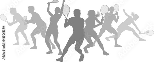 Silhouette Tennis players set. Active sports people healthy players fitness silhouettes concept.