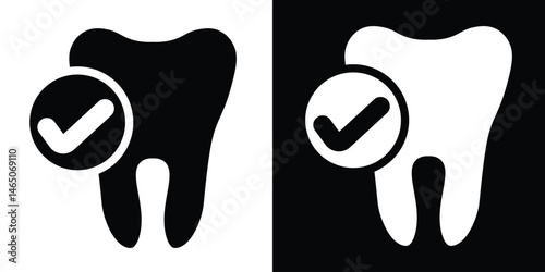 Dental Icon Representing Healthy Teeth with Check Mark Symbol in Black and White