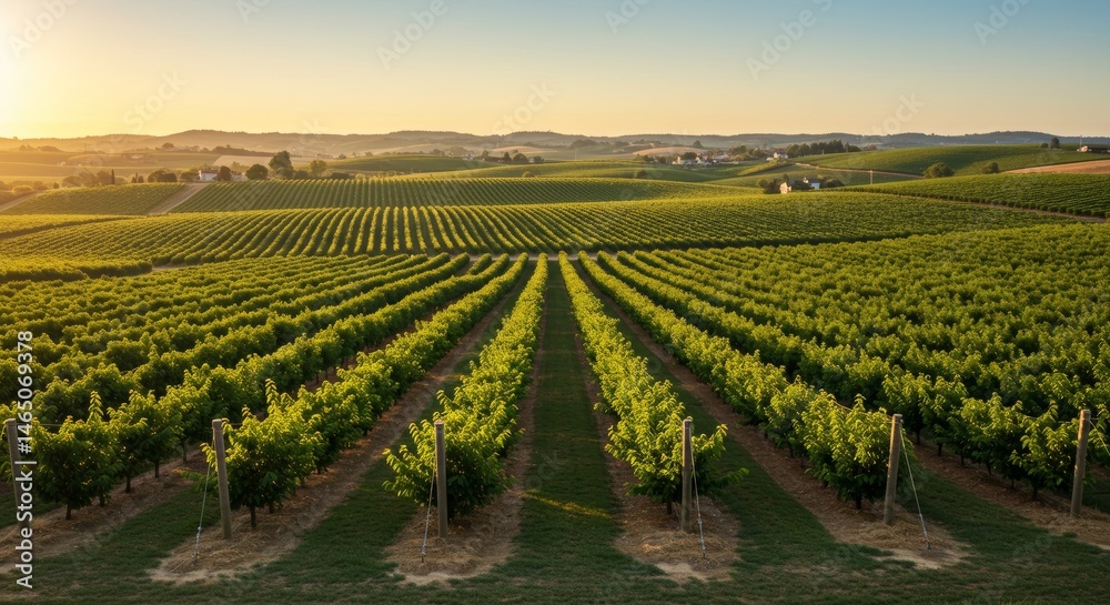 Naklejka premium Expansive vineyard vista under golden sunlight with rolling hills backdrop serenity