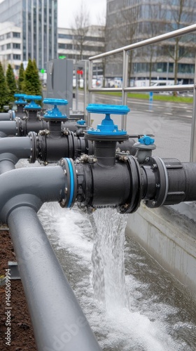 Water Treatment Plant Pipes with Flowing Water and Blue Valves Industrial System