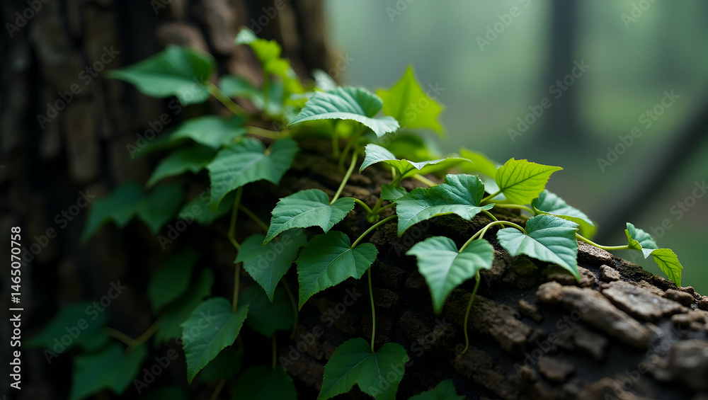 An Intimate Emerald Embrace, A Tightly Framed Close-Up of Lush Green Vines Gracefully Adhering to the Textured Surface of a Fallen Tree Log An Intimate Emerald Embrace, A Tightly Framed Close-Up of Lush Green Vines Gracefully Adhering to the Textured Surface of a Fallen Tree Log