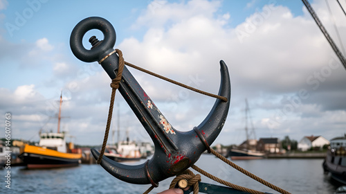 Anchor at prow of shrimper at the harbor of Fedderwardersiel, Germany photo