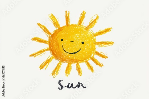 Childlike Crayon Drawing of Smiling Yellow Sun with Handwritten Text
