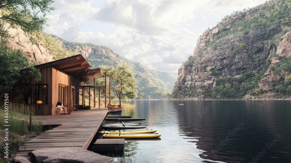 Naklejka premium Mountain resort lodge beside lake with docked paddleboards and nature views