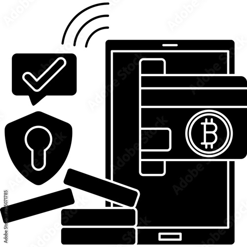 Secure Crypto Payment Icon � Bitcoin Card Swiping on NFC Machine with Tick Mark and Lock