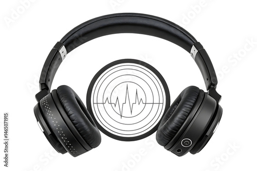A pair of black over ear headphones with a sound wave graphic in the background on a black background