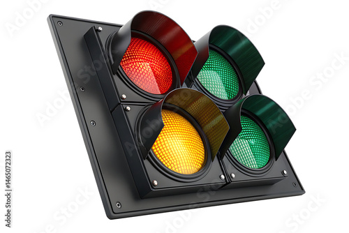A square traffic light with red yellow and green lights on a black background angled slightly up