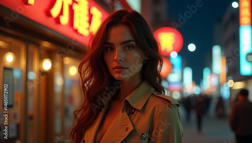 A woman confidently poses in a vibrant city street at night, illuminated by bright storefront signs and ambient light. She exudes an air of mystery and sophistication