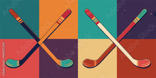 Retro Styled Hockey Sticks Crossed Design Element