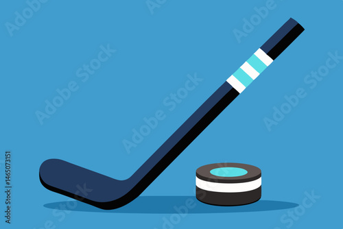 Photography Hockey Stick and Puck on Blue Background Simple Illustration