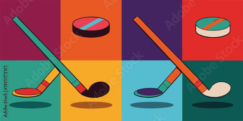 Abstract Colorful Hockey Sticks and Pucks Design