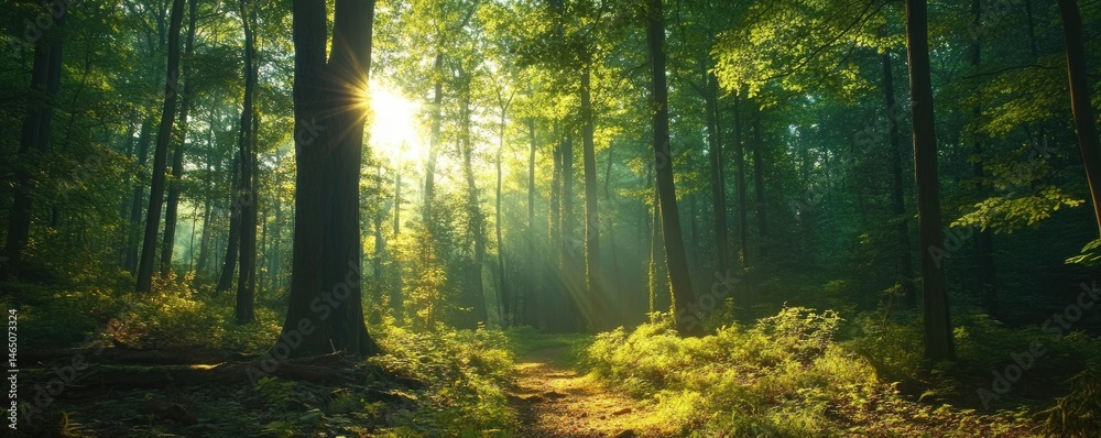 Obraz premium Sunlight filtering through a lush forest