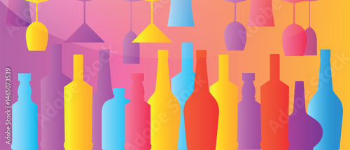 Beach party, alcohol bottles and glasses set, flat style, full color. White wine, cabernet, booze, cocktail, poster for bar