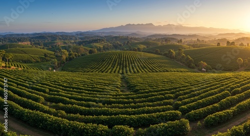 Expansive tea plantation landscape with symmetrical rows under morning light