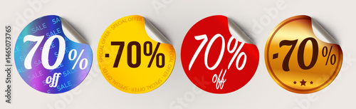 70 percent off label Set. Sale, Special Offer, Flash sale. Shopping labels. Curled stickers on White Background. Vector illustration