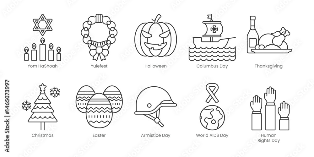 Fototapeta premium Festivals and Holidays Outline Icons Set – Yom Hashoah, Halloween, Yulefest, Columbus Day, Thanksgiving, Christmas, Armistice Day, Easter, Human Rights Day, World Aids Day, Editable Stroke.