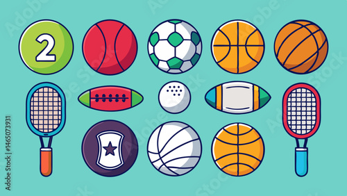 Collection of Colorful Cartoon Sports Equipment and Balls