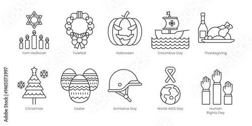 Festivals and Holidays  Outline Icons Set – Yom Hashoah, Halloween, Yulefest, Columbus Day, Thanksgiving, Christmas, Armistice Day, Easter, Human Rights Day, World Aids Day, Editable Stroke.